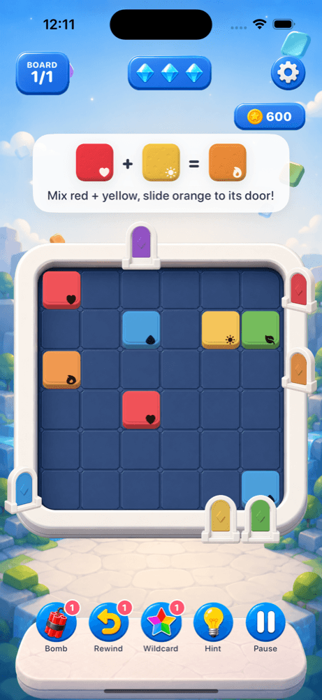 A board ringed with colored arched doors