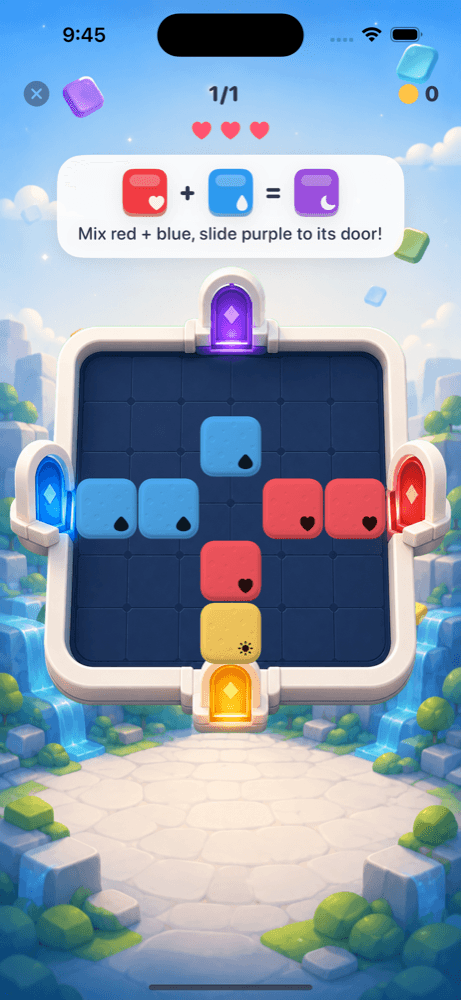 A fresh board with the mix hint and three hearts