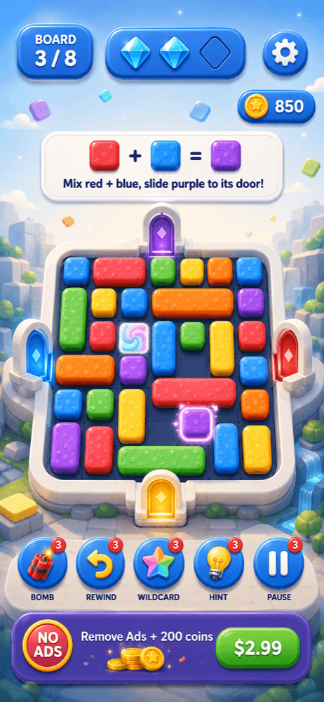 A dense six-color board mid-run with power bar